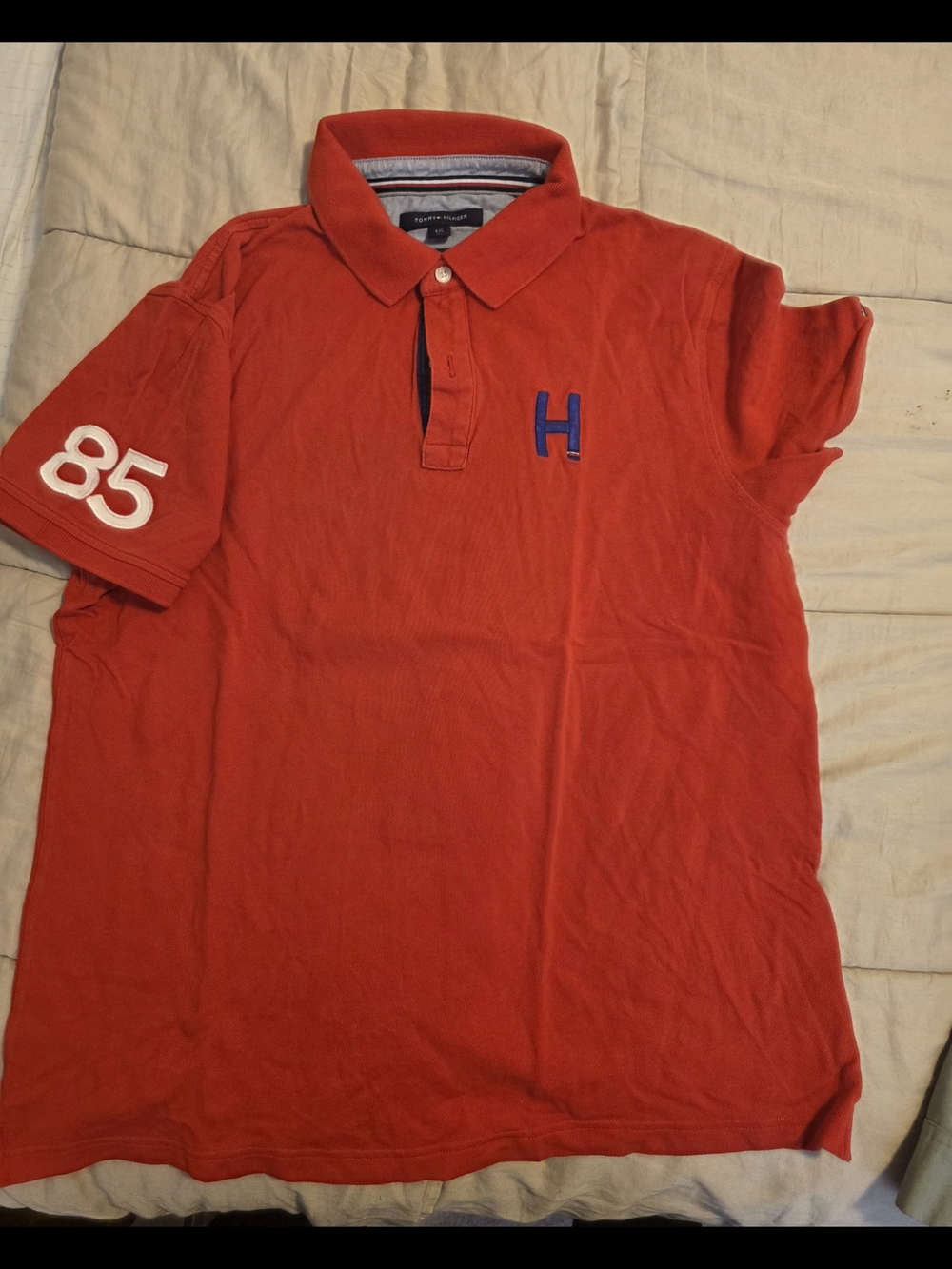 Tommy Hilfiger Red Polo with Blue 'H' and Sleeve 85